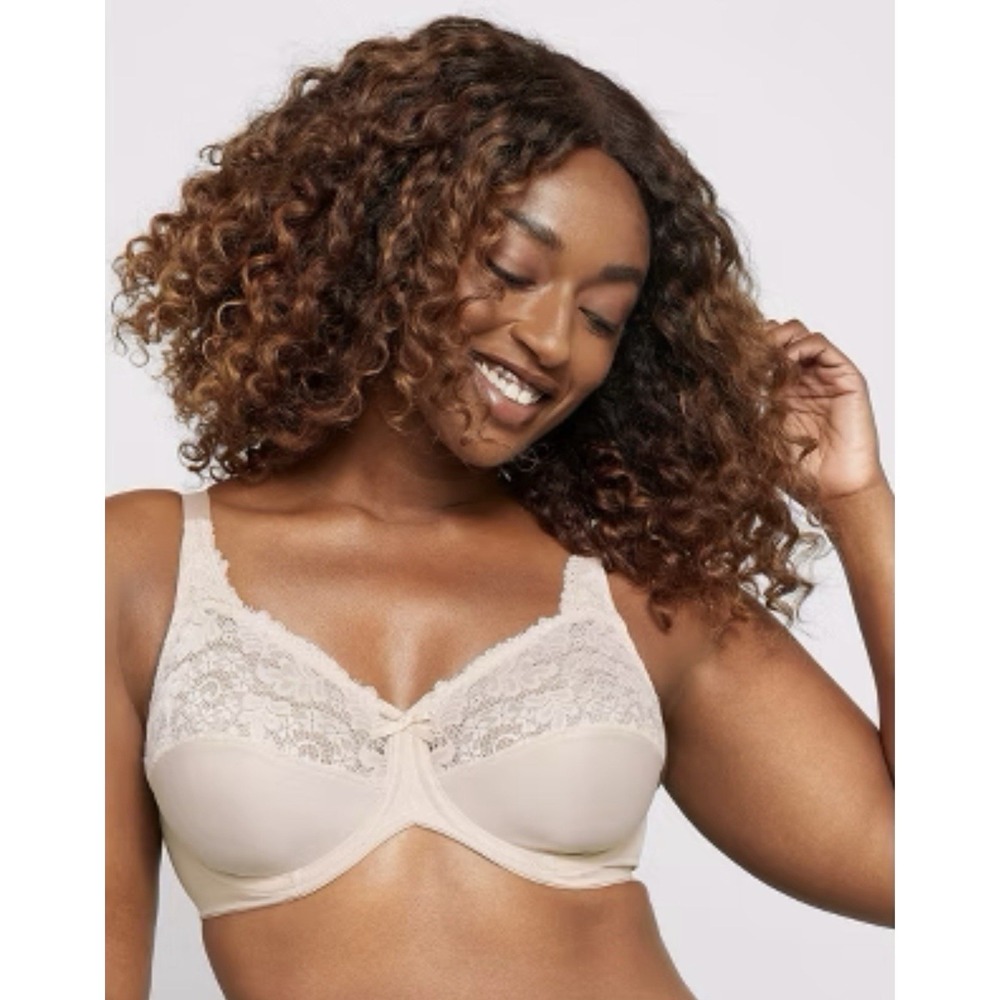 Lilyette‎ 40DD Bra Beige Full Coverage Underwired Unlined Lace Bow Strap Women's